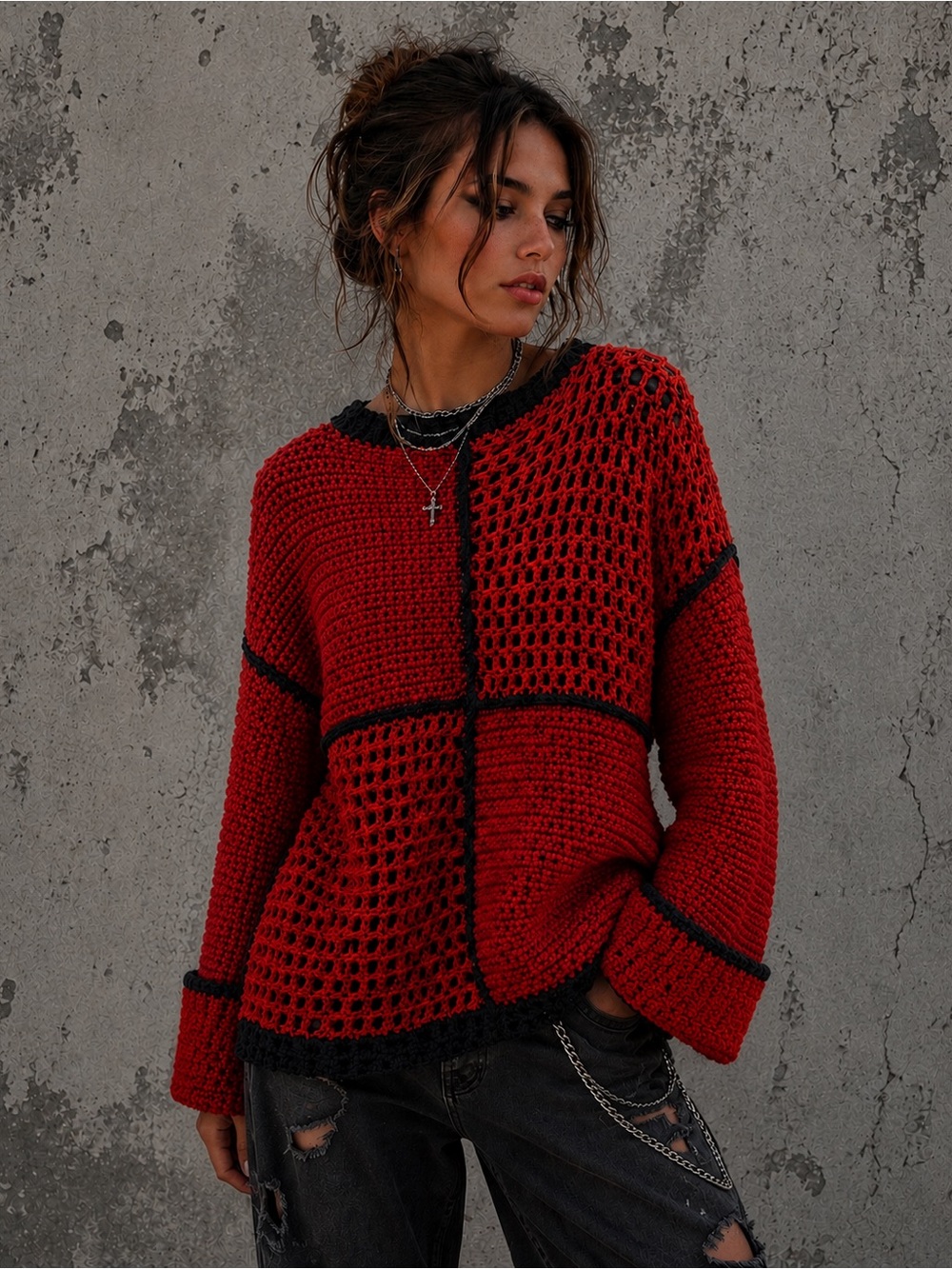 ARTISAN Colorblock Crochet Pullover Mesh Sweater NEW Red Black Hand Crafted